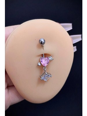 Blisse Piercing Kadın Gümüş Pembe Kalp ve Ok Figürlü Taşlı Belly Çelik Göbek Piercing