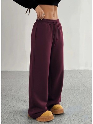 Modatıkla Kadın Yüksek Bel Lastikli Bağcıklı Geniş Kesim Dalgıç Mürdüm Pantolon