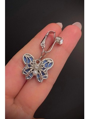 Blisse Piercing Kadın Çelik Zirkon Taşlı Mavi Incili Kelebek Figürlü Sıkıştırma Deliksiz Göbek Piercing