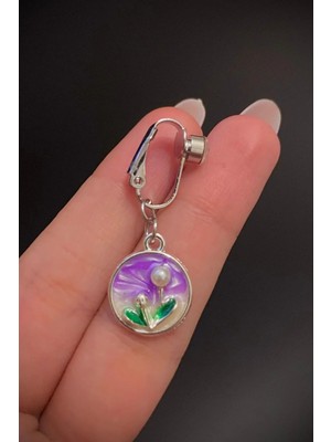 Blisse Piercing Kadın Çelik Zirkon Taşlı Yuvarlak Mor Çiçek Manzara Detaylı Sıkıştırma Deliksiz Göbek Piercing