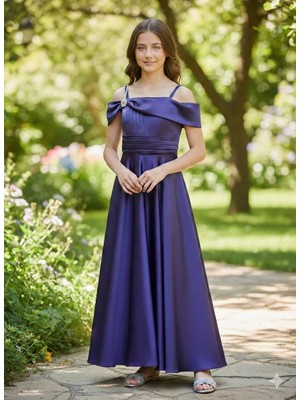 Tarz Çocuk Lacivert Omuz Dekolteli Kız Çocuk Abiye Elbise – Mezuniyet, Düğün, Nişan ve Özel Gün Elbisesi