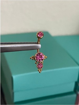 Rupen Kraft Üç Taş Pembe Renk Ultraliğht 10 mm Titanyum Göbek Piercingi