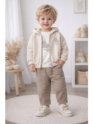 Pio Kids 6-24 Ay Minik Deniz Aslanı Baskı Kapüşon Fermuar Hırka Kalın Müslin Yıkama Pantolon 3lü
