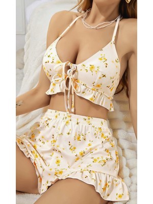 Liyuza Kadın Çiçekli Ekru Askılı Şortlu Pijama Takım 6646
