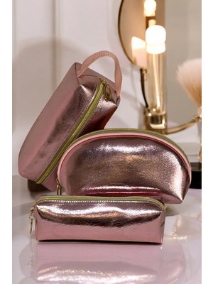 Özgürce Pratik 3'lü Seyahat Makyaj Çantası Seti, Şık ve Pembe Tasarım