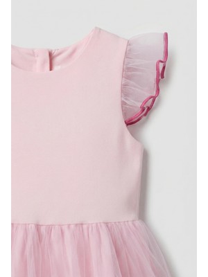 Magu Kız Çocuk Pamuklu Pembe Tül Detaylı Fırfırlı Elbise
