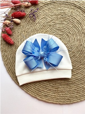 İrembaby Bebek Süslü Şapka Mavi Tüylü Fiyonklu