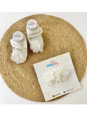 İrembaby Bebek Lohusa Seti Beyaz Çiçekli Bebek Ayakkabısı ve Bebek Saç Bandı Lohusa Takımı Çekim-Mevlüt