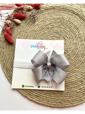 İrembaby Bebek Saç Bandı Gri Lastikli Tüylü Fiyonklu