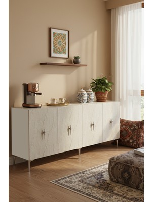 Ceneyra KA1812BTS SALKIM180 Konsol, Kahve Köşesi, Tv Sehpası, Çok Amaçlı Dolap 180CM Beyaz-Traverten-Silver