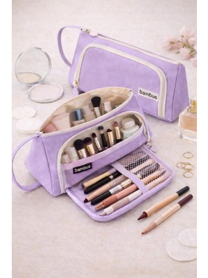 Özgürce Çok Bölmeli Büyük Kapasiteli Kumaş Seyahat Makyaj Organizeri ve Kalemlik