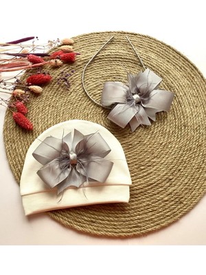 İrembaby Gri Tüylü Fiyonk Bebek Şapkası ve Anne Lohusa Tacı Lohusa Takımı