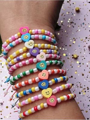 Amabel Jewelerys Çocuklara Özel Karne Bayram Doğum Günü Hediyesi Renkli Kalpler 10'lu Bileklik Seti