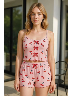 Liyuza Pembe Kiraz Desenli Kurdelalı Askılı Şortlu Pijama Takımı