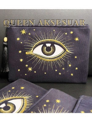 Özgürce Etnik Modern Mistik Altın Göz Desenli Püsküllü Fermuarlı Şık Clutch