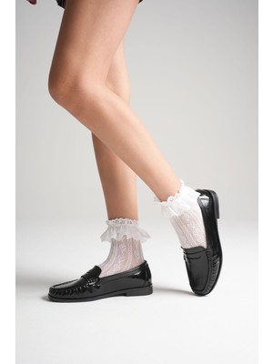 Mevese Zeloram Siyah Parlak Deri Görünümlü Kadın Penny Loafer