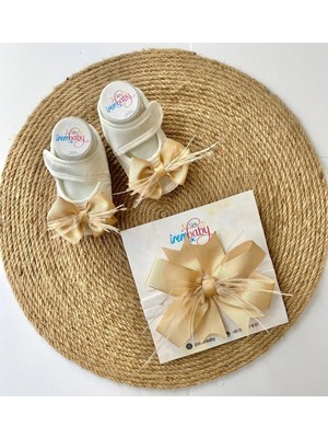 İrembaby Bebek Lohusa Seti Gold Tüylü Bebek Ayakkabısı ve Bebek Saç Bandı Lohusa Takımı Çekim-Mevlüt