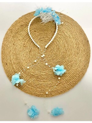 İrembaby Anne Lohusa Seti Mavi Çiçekli Incili Lohusa Tacı Gelin Tacı Çekim