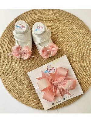 İrembaby Bebek Lohusa Seti Pudra Pembe Tüylü Bebek Ayakkabısı ve Bebek Saç Bandı Lohusa Takımı Çekim-Mevlüt