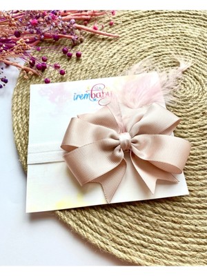 İrembaby Bebek Saç Bandı Pudra Pembe Lastikli Tüylü Fiyonklu