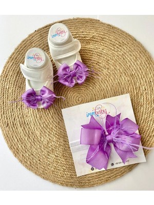 İrembaby Bebek Lohusa Seti Lila Tüylü Bebek Ayakkabısı ve Bebek Saç Bandı Lohusa Takımı Çekim-Mevlüt