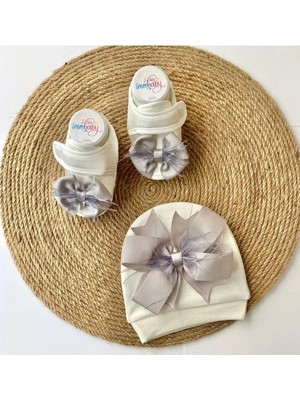 İrembaby Bebek Lohusa Seti Gri Tüylü Bebek Ayakkabısı ve Bebek Saç Bandı Lohusa Takımı Çekim-Mevlüt