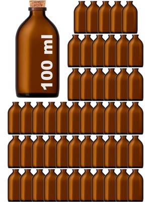Feyza Design 100 ml Amber Cam Şişe, 50 Adet, Mantar Tıpalı, Kahverengi, Yarımlı Ürün