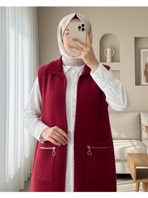 Modamorfo Önü Fermuarlı Torba Cepli Sakallı Yelek -Kırmızı