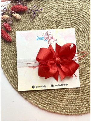 İrembaby Bebek Saç Bandı Kırmızı Lastikli Tüylü Fiyonklu