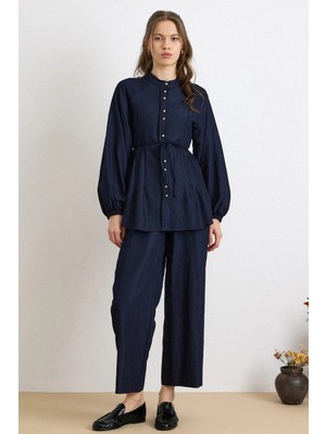 Olcay Metal Düğmeli Soft Denim Tunik Pantolon Takım LACİVERT 9426-TK
