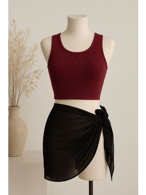 Liyuza Kadın Bordo Yuvarlak Yaka Crop ve Siyah Pareo 2'li Set