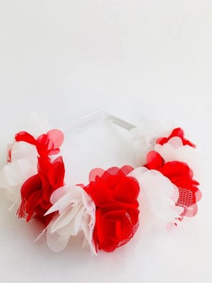 İrembaby Kırmızı Beyaz Şifon Çiçekli Saten Kız Çocuk 23 Nisan 29 Ekim Bayram Tören Okul Tacı – Taç