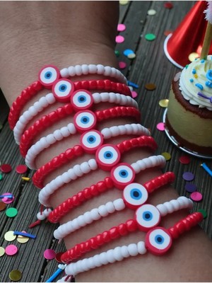 Amabel Jewelerys Kırmızı Nazar Fimolu Çocuk ve Yetişkin 10'lu Bileklik Seti (Karne-Bayram-Doğum Günü)