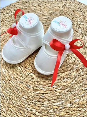 İrembaby Bebek Kırmızı Kurdeleli Incili Bebek Ayakkabısı Özel Tasarım