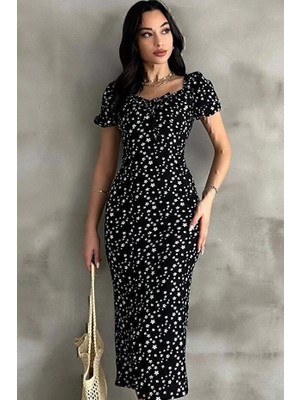 Hsc Bilişim Lastikli U Kare Yakalı Kısa Kollu Fit Kalıp Kurdelalı Likralı Çiçek Desen Yırtmaçlı Diz Altı Elbise