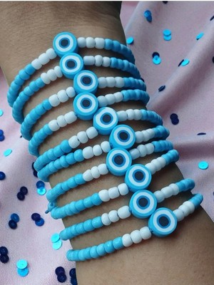 Amabel Jewelerys Çocuklara Özel Karne Bayram Doğum Günü Hediyesi Mavi Nazar Boncuk Fimo 10'lu Bileklik Seti