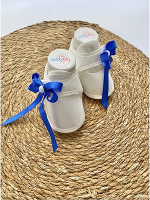 İrembaby Bebek Mavi Kurdeleli Incili Bebek Ayakkabısı Özel Tasarım