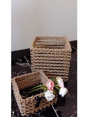 Feyza Design El Yapımı Hasır Kare Sepet Çift Seti, Şık ve Kullanışlı Ev Dekorasyonu