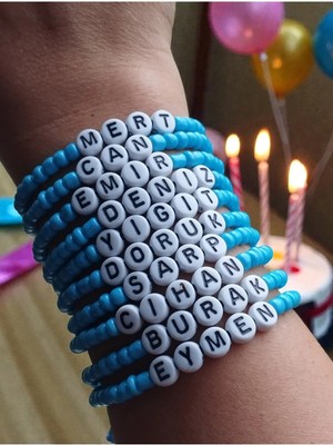 Amabel Jewelerys Karne Bayram Doğum Günü Hediyesi Isim Yazılı Mavi Kum Boncuk 10'lu Erkek Bileklik