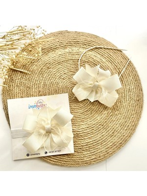 İrembaby Anne Bebek Lohusa Seti Krem Tüylü Fiyonk Lohusa Tacı ve Bebek Saç Bandı Lohusa Takımı
