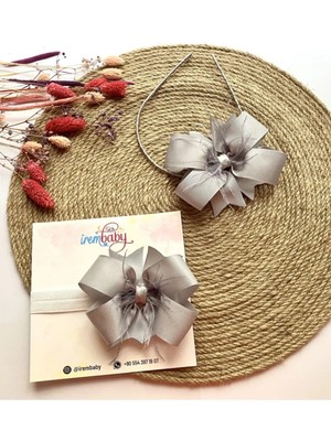 İrembaby Anne Bebek Lohusa Seti Gri Tüylü Fiyonk Lohusa Tacı ve Bebek Saç Bandı Lohusa Takımı