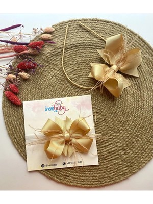 İrembaby Anne Bebek Lohusa Seti Gold Tüylü Fiyonk Lohusa Tacı ve Bebek Saç Bandı Lohusa Takımı