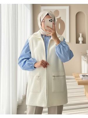 Modamorfo Önü Fermuarlı Torba Cepli Sakallı Yelek -Beyaz