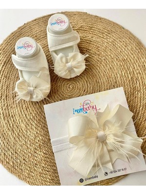İrembaby Bebek Lohusa Seti Krem Tüylü Bebek Ayakkabısı ve Bebek Saç Bandı Lohusa Takımı Çekim-Mevlüt