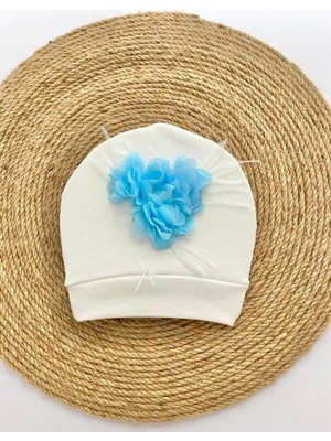 İrembaby Bebek Şapkası Mavi Tüylü Çiçekli Süslü Şapka Lohusa - Hastane - Çekim