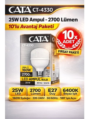 Kondel Aydınlatma Cata CT-4330 25W Torch LED Ampul 2700 Lümen 6400K Beyaz E27 Duy 10 Adet Fırsat Paketi