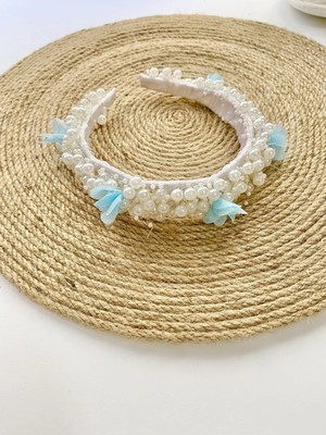 İrembaby Anne Lohusa Tacı Incili Mavi Çiçekli Lohusa Tacı Saç Bandı