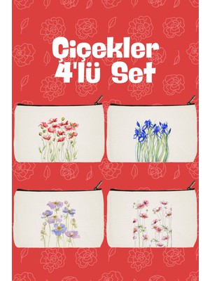 Özgürce Renkli Çiçekler 4'lü Makyaj ve Kalem Çantası Seti