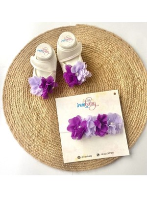 İrembaby Bebek Lohusa Seti Mor Lila Tüylü Bebek Ayakkabısı ve Bebek Saç Bandı Lohusa Takımı Çekim-Mevlüt