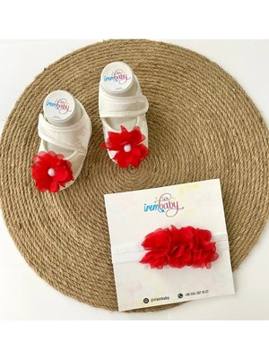 İrembaby Bebek Lohusa Seti Kırmızı Çiçekli Bebek Ayakkabısı ve Bebek Şapkası Lohusa Takımı Çekim-Mevlüt